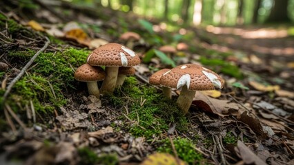 cluster of wild mushrooms growing along forest floor with moss and fallen leaves