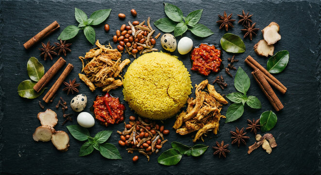 Artistic Flat Lay of Authentic Culinary Spices and Turmeric on Dark Textured Slate 