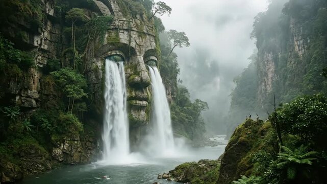 Giant Stone Head Weeping Waterfalls from Eyes in Misty Jungle Cliff 3D Render