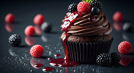 Chocolate Cupcake With Berries And Red Glaze