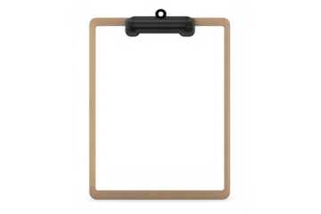 Wooden clipboard featuring a black metallic clip, offering a clear space for customization. Transparent background