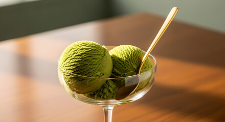 Green Tea Ice Cream Dessert With Gold Spoon