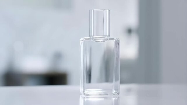 A sleek, transparent glass bottle with a minimalist design, perfect for perfume or cosmetic products, on a clean, reflective white surface in a bright setting.