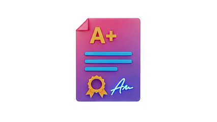 3D Render of A+ Grade Report Card with Seal and Signature