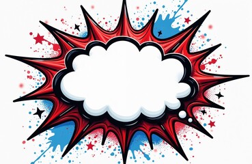 Fototapeta premium Explosion comic bubble template with empty space for text. Retro design with red blue splatter and star elements. Blank speech balloon for creative design.
