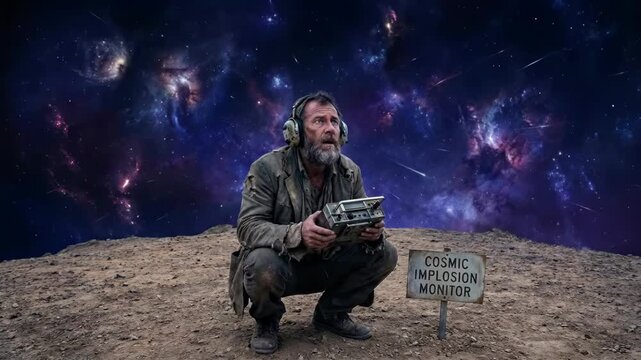 Haggard Man Listening to Universe with Radio Receiver by Cosmic Implosion Monitor