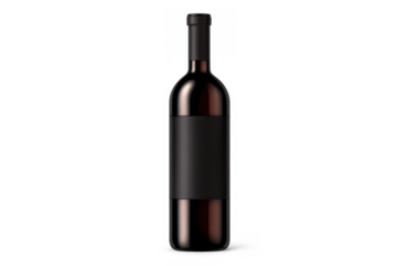 Red wine bottle featuring a blank black label, standing upright, with a transparent background