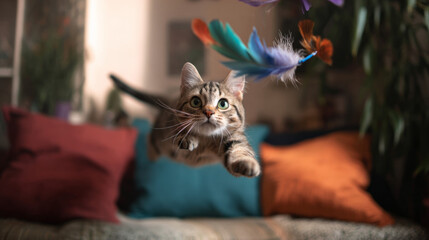 Tabby cat jumping playing with feather toy at home