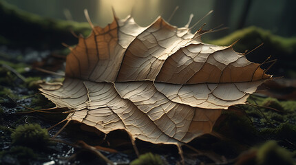 Close-up of a dried, cracked leaf on mossy ground with natural light, showcasing texture and detail.