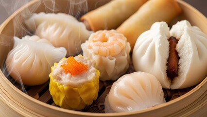 Delicious assortment of traditional Asian dim sum dumplings and steamed buns served in bamboo