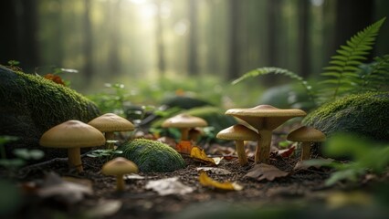 mushrooms growing naturally on a forest floor surrounded by moss and foliage in a lush woodland