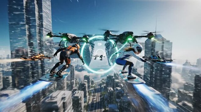 Futuristic hoverboarding over modern city, drones following, glossy buildings, bright sky, hoverboard sport