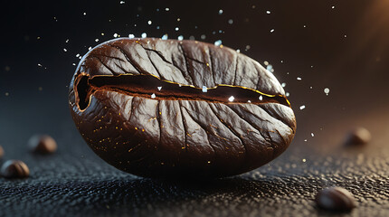 Close-up of a roasted coffee bean with water droplets on a dark surface with scattered beans in the background with warm tones.