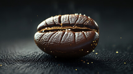 Close-up of a single roasted coffee bean on a dark leather surface with golden specks scattered around.