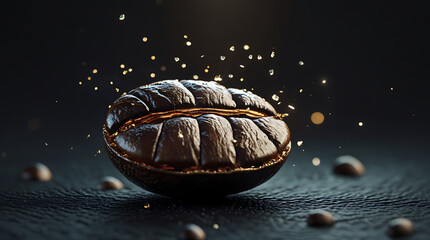 Close-up shot of a cracked coffee bean with golden sparks on a dark surface with scattered beans.