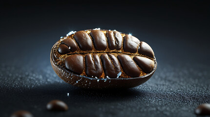Close-up of a single roasted coffee bean on a dark surface with scattered beans and dramatic lighting.