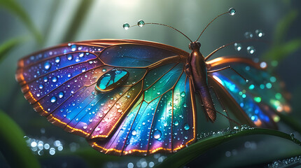 Close-up of a colorful butterfly perched on a leaf with dew drops, showcasing iridescent wings in shades of blue, green, and purple with a shallow depth of field.