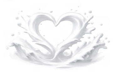Milk splash forming heart shape with flying drops, showing love, health, and freshness concept on transparent background