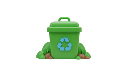 Green recycling bin with blue recycle symbol and plants