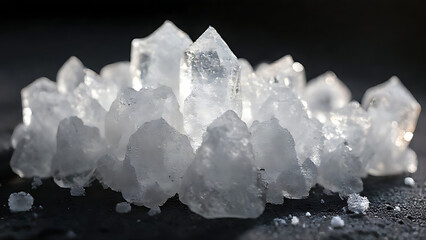 Close-up shot of a cluster of white crystals on a dark surface with a shallow depth of field.