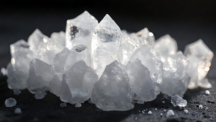 Close-up of white crystal cluster on dark surface with shallow depth of field and cinematic lighting.