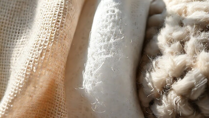 Close-up of various textured fabrics including woven and knitted materials in neutral tones.