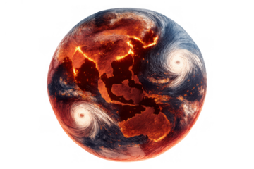 Planet earth experiencing global warming with continent cracks, lava, wildfires, and violent hurricanes, transparent background