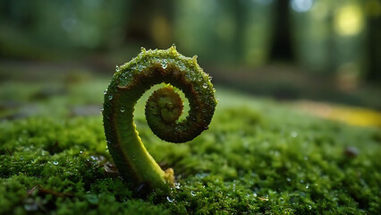 Close-up of a curled green fern frond with mossy texture on a bed of lush green moss in a forest with soft focus background.