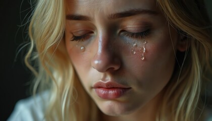Fototapeta premium Close-up portrait of a sad woman crying. Tears stream down her face with eyes closed. Blond wavy hair frames her pale skin. Melancholy expression, emotional pain, mental health struggle.