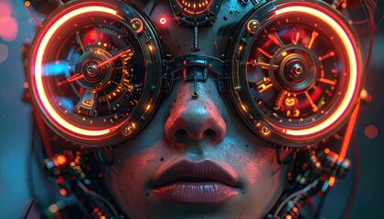 Cyberpunk Woman with Glowing Red Mechanical Goggles