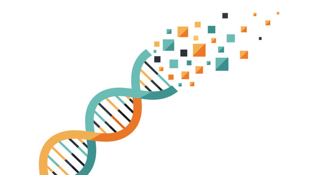 DNA helix structure with colorful squares representing genetic information and scientific concepts.