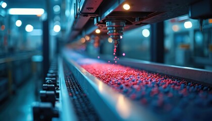 Plastic pellets move on conveyor belt under injection mold machine in manufacturing plant. Automated production line creates plastic parts. Industrial factory floor operates with precision equipment.