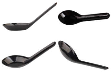 A black plastic spoon on a white background