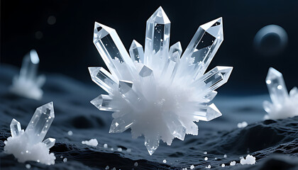 Close-up of crystalline structures on a dark surface with a deep, mysterious background and icy blue tones.