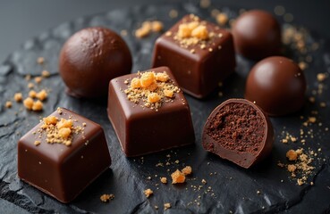 Assortment of gourmet chocolate bonbons and truffles arranged on dark slate. Square and round chocolates feature rich brown cocoa and caramel filling, some sprinkled with crumbs for texture.