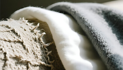 Close-up of a beige fabric with frayed edges and a gray and white blanket with a soft focus in the background.