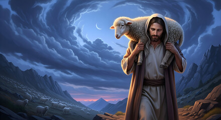 Good Shepherd Jesus Carrying Lost Lamb through Moonlit Mountain Pass, Protective Love Illustration