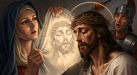Veronica Holding Veil with Christ&rsquo;s Face during Way of the Cross, Compassionate Passion Illustration