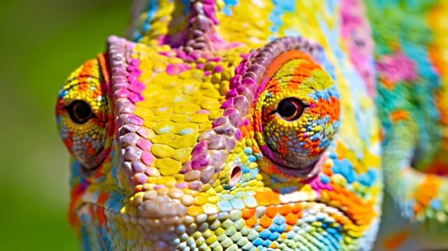 Extreme close-up of a vibrant panther chameleon&rsquo;s face, showcasing multicolored scales in yellow, orange, pink, blue, and turquoise, with independently moving turreted eyes and a ridged casque