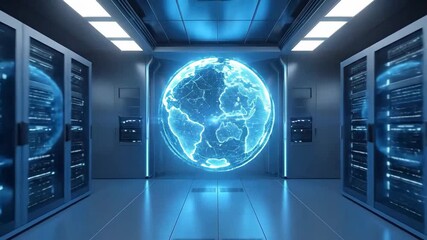 Digital data servers with a glowing digital globe in the middle of the room. - Powered by Adobe