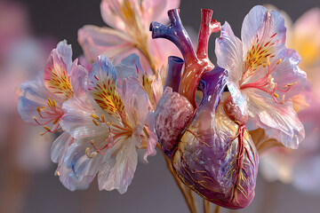 Human heart with flowers, love and emotion concept, good hearted person, help and charity, generative AI