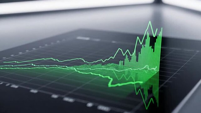 Green financial chart graph displayed on a tablet indicating business growth and market trends.