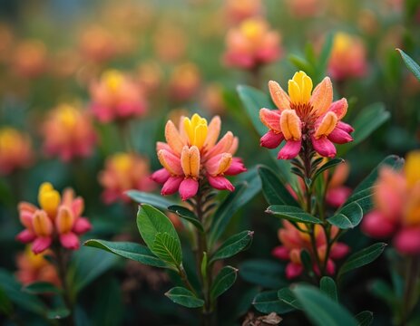 Close-up of Correa flowers with pink and yellow petals. Green leaves surround the blooming shrubs in a garden. Soft focus background shows more blossoms. Nature detail, floral element.