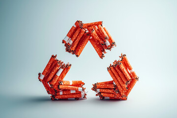 Recycling symbol made of cigarette butts isolated on light background representing pollution waste problem environmental damage and sustainability awareness concept