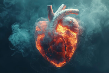 Conceptual illustration of heart surrounded by smoke symbolizing smoking related health risks and unhealthy lifestyle impact