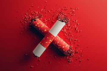 Cross made of broken cigarettes on red background symbolizing no smoking concept addiction danger health risk and tobacco prohibition message