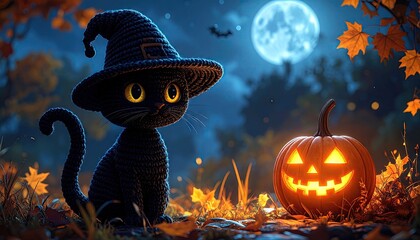 Black Cat in Witch Hat with Jack O'Lantern