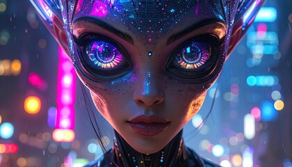 Cyberpunk Alien Portrait Neon Cityscape