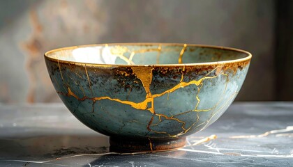 Teal and Gold Crackle Glaze Ceramic Bowl
