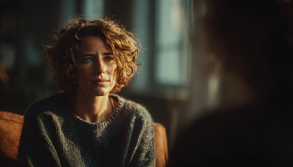 woman patient sitting and talking to her psychologist about her anxiety and depression